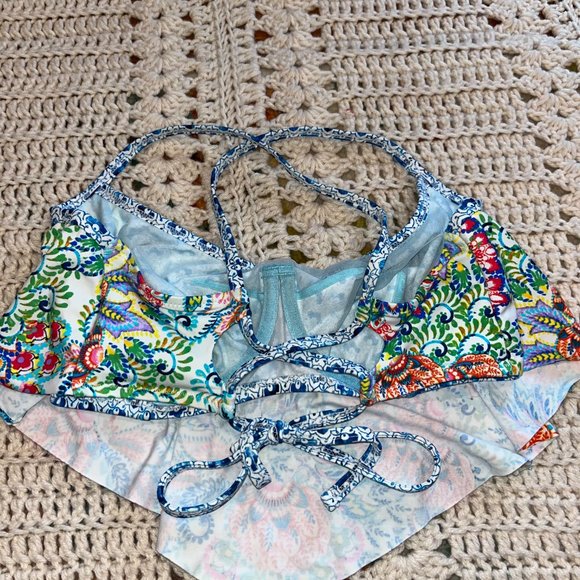 Profile Blush Triangle Ruffle Peacock Pattern Bikini Top Size Small F-Cup - Picture 4 of 10